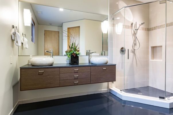 Bathroom, Dual Sink Vanities, Glass Shower, Interior, Recessed Lighting