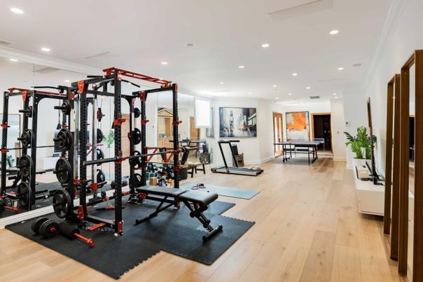 Fitness Equipment, Game Room, Gym, Interior, Recessed Lighting, Wood Texture Flooring