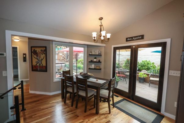 Chandelier, Dining room, Interior, Wood Texture Flooring