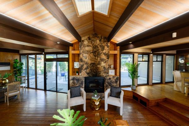 Dining room, Fireplace, Interior, Living room, Wooden Beams, Wooden Ceilings, Wood Texture Flooring