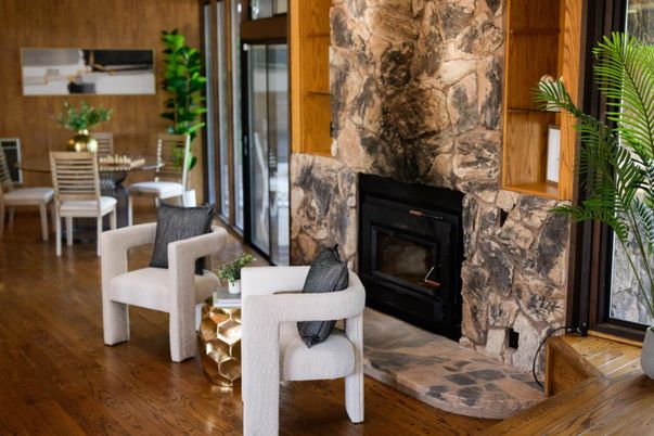 Dining room, Fireplace, Interior, Stone Walls, Wood Texture Flooring