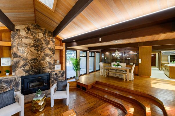 Chandelier, Dining room, Fireplace, Interior, Living room, Stone Walls, Wooden Beams, Wooden Ceilings, Wood Texture Flooring