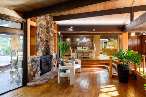 Dining room, Fireplace, Interior, Wooden Beams, Wooden Ceilings, Wood Texture Flooring, Wooden Walls