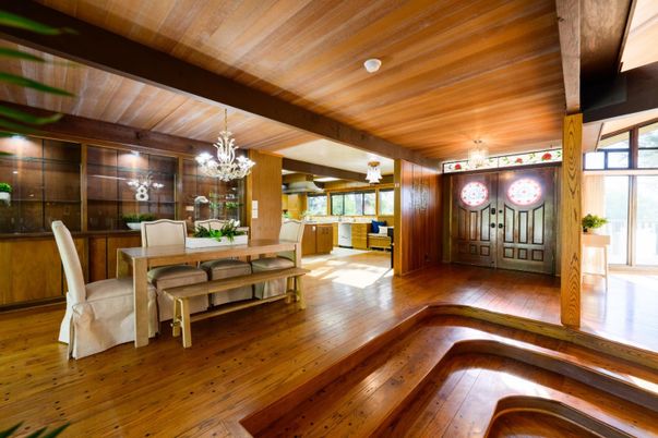 Chandelier, Dining room, Interior, Wooden Beams, Wooden Ceilings, Wood Texture Flooring