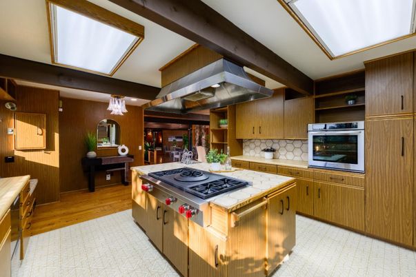 Interior, Kitchen, Stainless Steel Appliances, Tile Countertops, Wood Texture Flooring