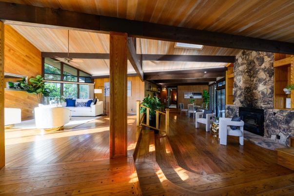 Dining room, Fireplace, Interior, Living room, Stone Walls, Wooden Beams, Wooden Ceilings, Wood Texture Flooring, Wooden Walls