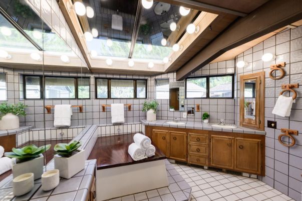 Bathroom, Dual Sink Vanities, Interior, Pendant Lights, Tile Countertops