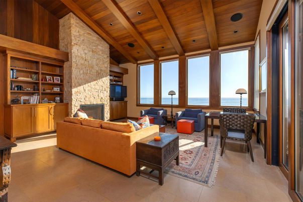 Fireplace, Interior, Living room, Recessed Lighting, Stone Walls, Water, Wooden Beams, Wooden Ceilings, Wooden Walls