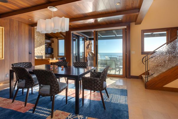 Chandelier, Dining room, Interior, Recessed Lighting, Water, Wooden Beams, Wooden Ceilings