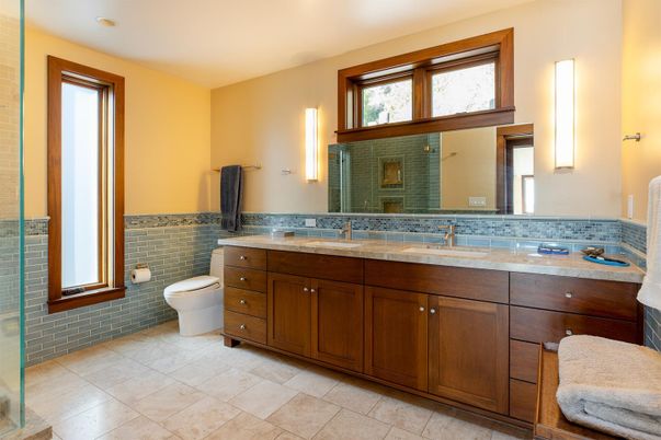 Bathroom, Dual Sink Vanities, Fireplace, Interior, Recessed Lighting