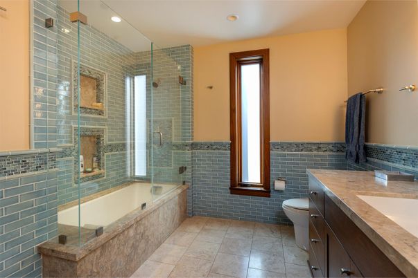 Bathroom, Dual Sink Vanities, Glass Shower, Interior, Recessed Lighting, Stone Walls