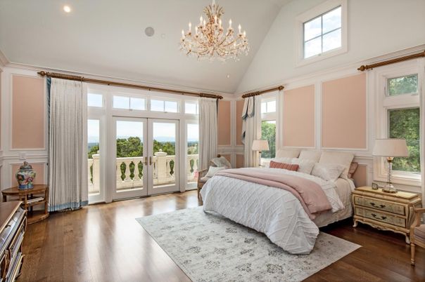 Bedroom, Chandelier, Interior, Recessed Lighting, Wood Texture Flooring