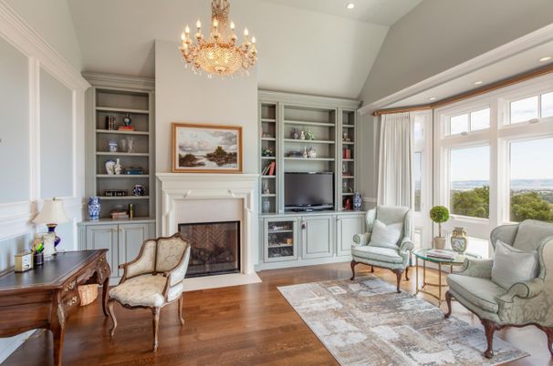 Chandelier, Fireplace, Interior, Living room, Recessed Lighting, Wood Texture Flooring