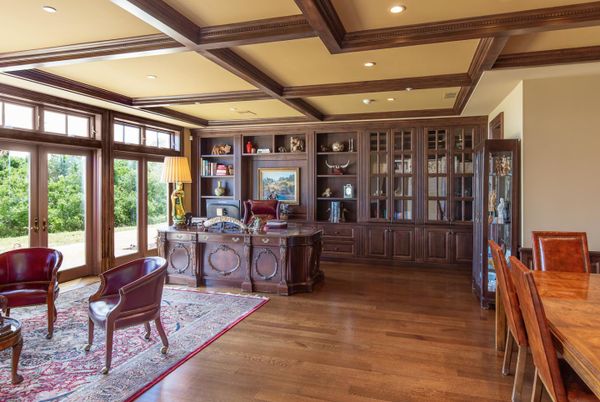 Home Office, Interior, Recessed Lighting, Wooden Beams, Wood Texture Flooring