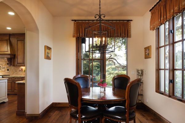 Dining room, Interior, Kitchen, Pendant Lights, Recessed Lighting, Wood Texture Flooring
