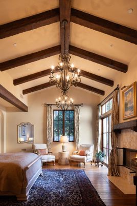 Chandelier, Fireplace, Interior, Living room, Recessed Lighting, Wooden Beams, Wood Texture Flooring