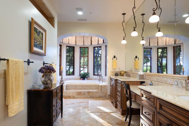 Bathroom, Dual Sink Vanities, Interior, Pendant Lights, Recessed Lighting