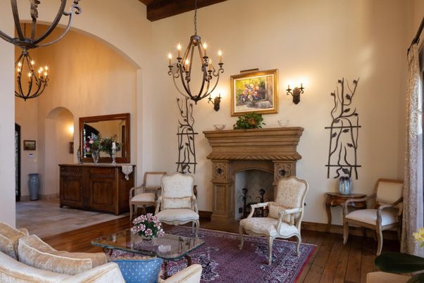 Chandelier, Fireplace, Interior, Living room, Wooden Beams, Wood Texture Flooring