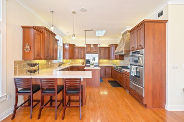 Interior, Kitchen, Pendant Lights, Stainless Steel Appliances, Wood Texture Flooring
