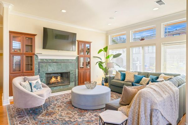 Fireplace, Interior, Living room, Recessed Lighting, Wood Texture Flooring
