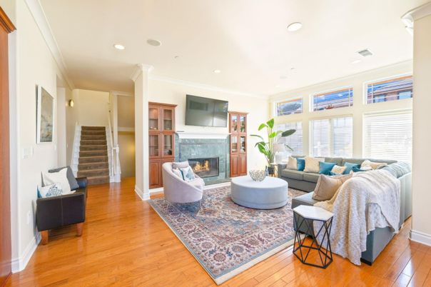 Fireplace, Interior, Living room, Recessed Lighting, Wood Texture Flooring