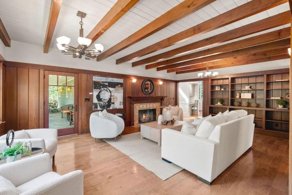Chandelier, Fireplace, Interior, Living room, Wooden Beams, Wood Texture Flooring, Wooden Walls
