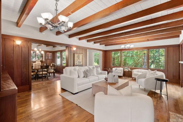 Chandelier, Dining room, Interior, Living room, Wooden Beams, Wood Texture Flooring