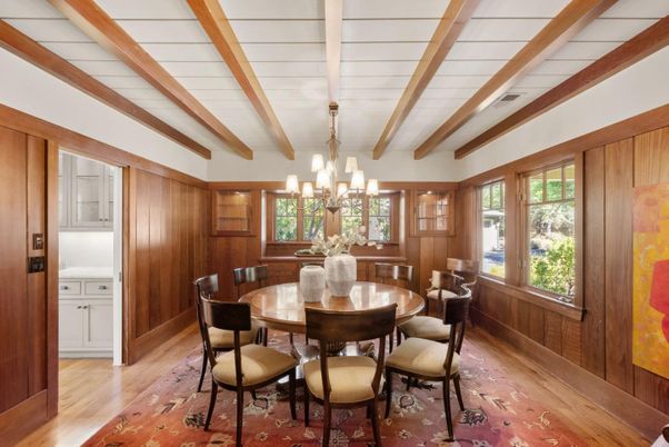 Chandelier, Dining room, Interior, Wooden Beams, Wood Texture Flooring, Wooden Walls