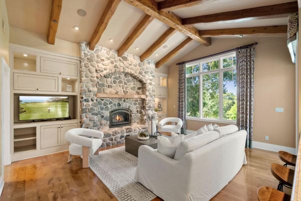 Fireplace, Interior, Living room, Recessed Lighting, Stone Walls, Wooden Beams, Wood Texture Flooring