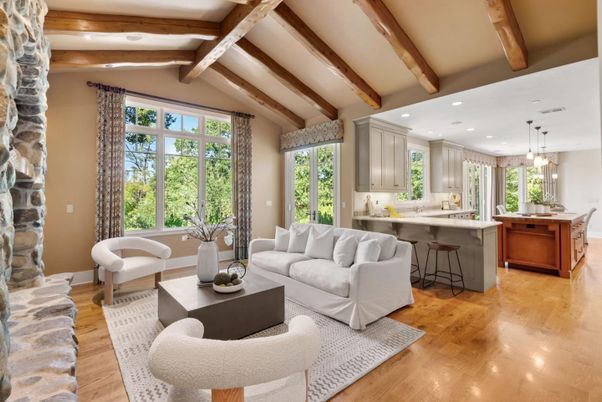 Interior, Kitchen, Living room, Pendant Lights, Recessed Lighting, Wooden Beams, Wood Texture Flooring