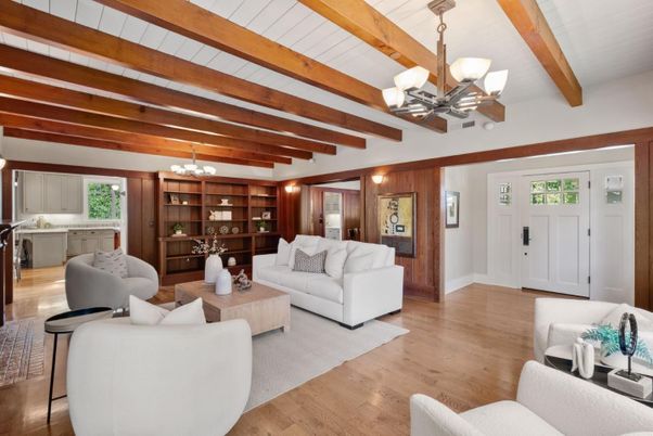 Chandelier, Dining room, Interior, Kitchen, Living room, Pendant Lights, Wooden Beams, Wood Texture Flooring