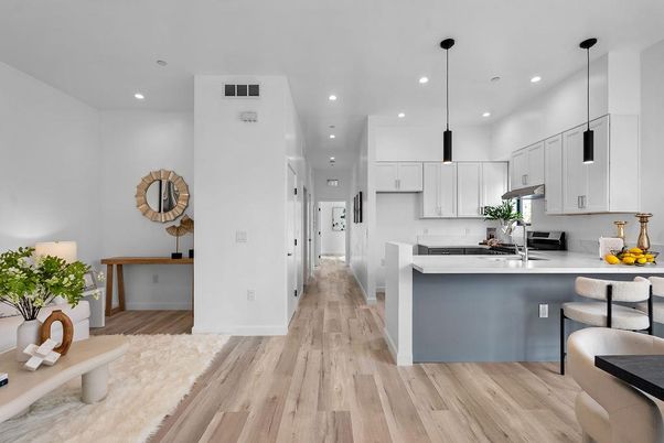 Interior, Kitchen, Pendant Lights, Recessed Lighting, Stainless Steel Appliances, Wood Texture Flooring