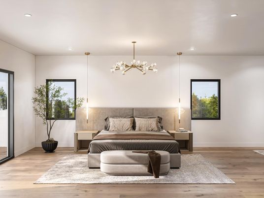 Bedroom, Interior, Pendant Lights, Recessed Lighting, Wood Texture Flooring