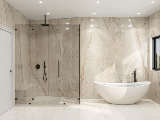 Bathroom, Free Standing Baths, Glass Shower, Interior, Marble Walls, Recessed Lighting