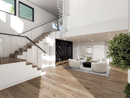 Interior, Living room, Pendant Lights, Recessed Lighting, Wine Storage, Wood Texture Flooring