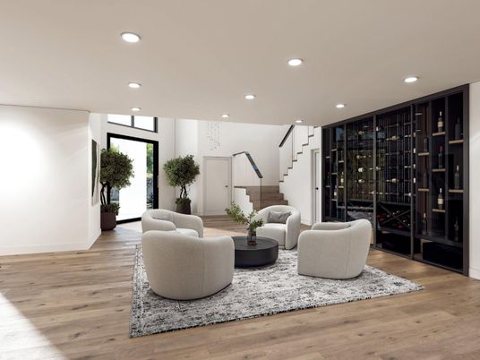 Interior, Living room, Recessed Lighting, Wine Storage, Wood Texture Flooring