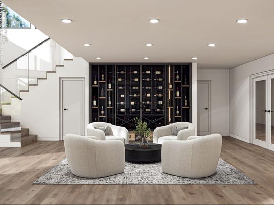 Interior, Living room, Recessed Lighting, Wine Storage, Wood Texture Flooring