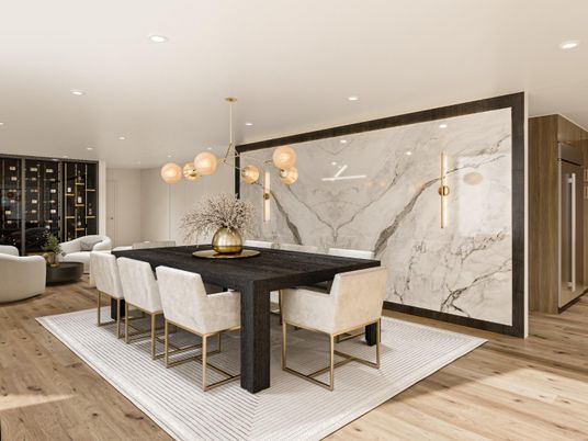 Dining room, Interior, Living room, Marble Walls, Pendant Lights, Recessed Lighting, Wood Texture Flooring