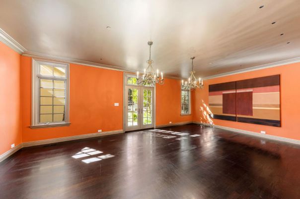 Chandelier, Empty room, Interior, Recessed Lighting, Wood Texture Flooring