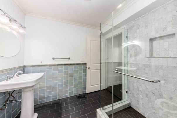 Bathroom, Glass Shower, Interior, Marble Walls, Recessed Lighting