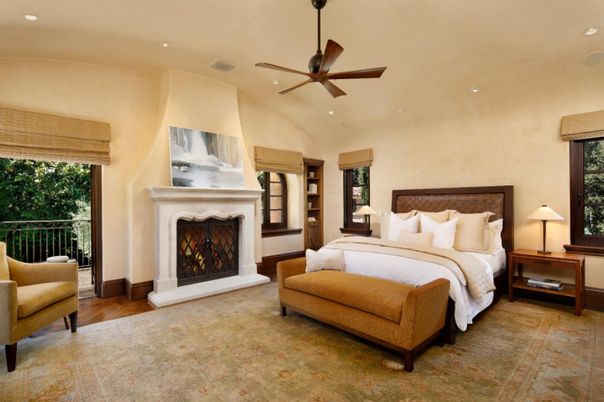 Bedroom, Fireplace, Interior, Recessed Lighting, Wood Texture Flooring