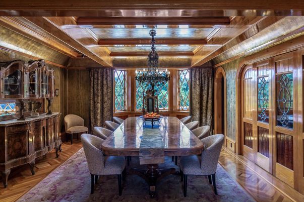 Chandelier, Dining room, Interior, Wooden Beams, Wood Texture Flooring