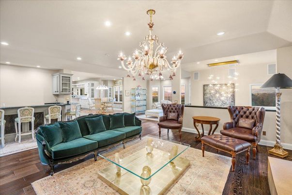 Chandelier, Dining room, Interior, Kitchen, Living room, Recessed Lighting, Wood Texture Flooring