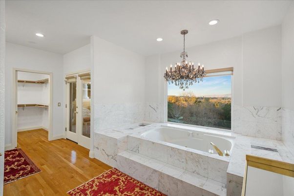 Bathroom, Chandelier, Interior, Marble Walls, Recessed Lighting, Wood Texture Flooring
