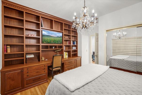 Bedroom, Chandelier, Home Office, Interior, Wood Texture Flooring