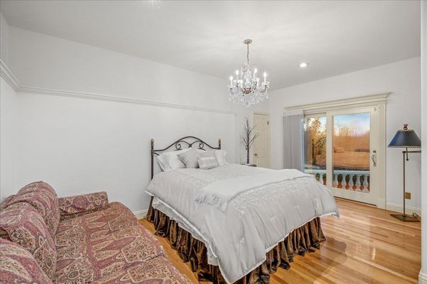 Bedroom, Chandelier, Interior, Recessed Lighting, Wood Texture Flooring
