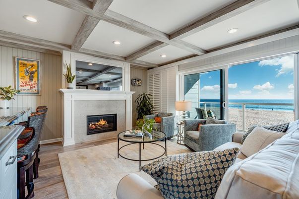 Fireplace, Interior, Living room, Recessed Lighting, Water, Wooden Beams, Wood Texture Flooring