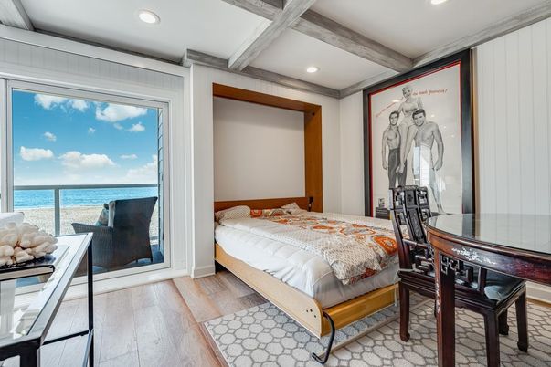 Bedroom, Interior, Recessed Lighting, Water, Wooden Beams, Wood Texture Flooring