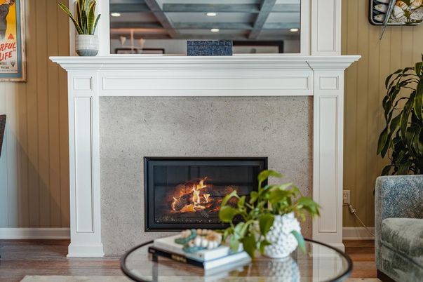 Fireplace, Interior, Recessed Lighting, Wood Texture Flooring