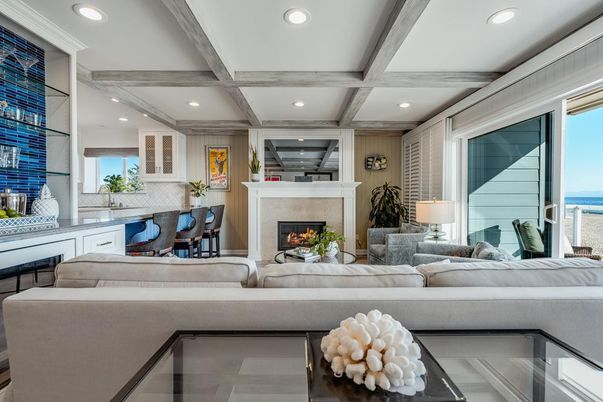 Fireplace, Interior, Living room, Recessed Lighting, Water, Wooden Beams